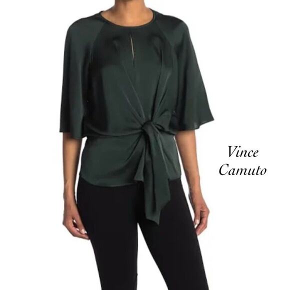Vince Camuto Willow Green Keyhole Tie Front Short Sleeve Blouse NWT Size XXS - Picture 1 of 12